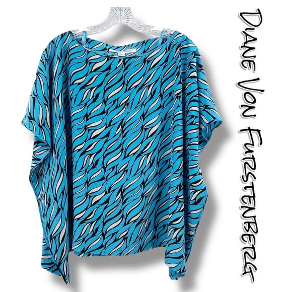 Diane von Furstenberg DVF New Hanky Silk Blue Patterned Top Oversized Womens S - Picture 1 of 12